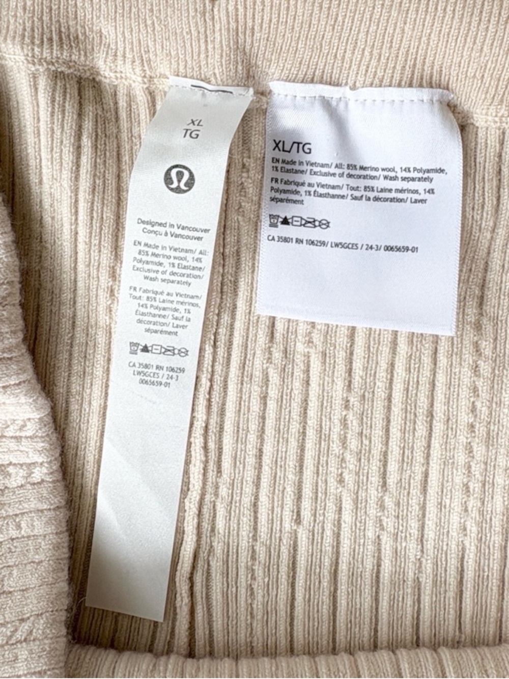 EUC Lululemon Merino Wool Blend Cable Knit Pull On Sweater Pants Ivory XL Tall - Picture 5 of 7